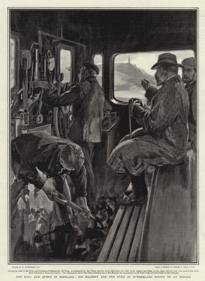Il re e la regina in Scozia, Sua Maestà e il duca di Sutherland a cavallo di una locomotiva da William Hatherell