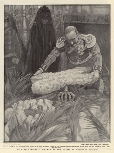 Il re che depone una corona sulla bara nella chiesa di Cronberg da William Hatherell