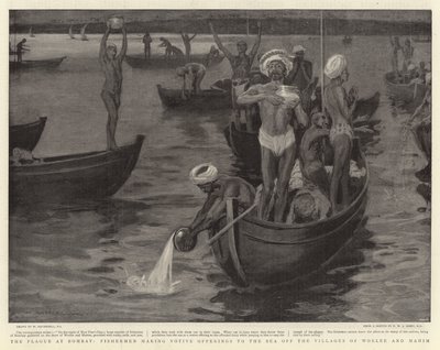 La peste a Bombay, pescatori che fanno offerte votive al mare al largo dei villaggi di Worlee e Mahim da William Hatherell