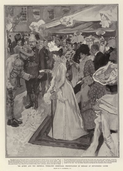 La Regina e gli ospedali della Yeomanry Imperiale, presentazione delle medaglie a Devonshire House da William Hatherell