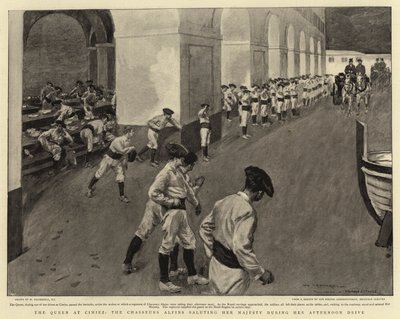 La Regina a Cimiez, i Cacciatori Alpini salutano Sua Maestà durante la sua passeggiata pomeridiana da William Hatherell