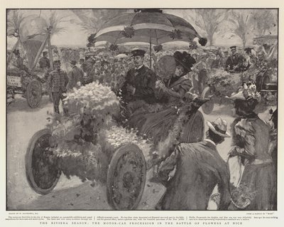 La stagione della Riviera, la processione delle automobili nella Battaglia dei Fiori a Nizza da William Hatherell
