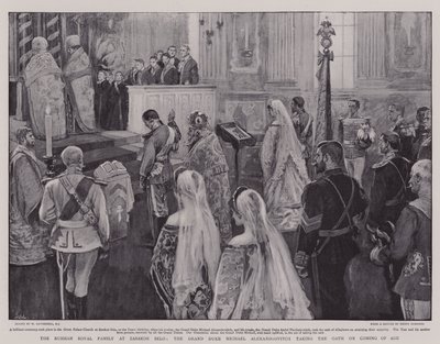 La famiglia reale russa a Zarskoe Selo, il granduca Michele Aleksandrovič che presta giuramento al raggiungimento della maggiore età da William Hatherell