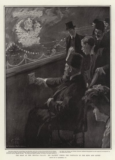 Lo Scià al Crystal Palace, Sua Maestà che spara ai ritratti del Re e della Regina da William Hatherell