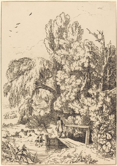 Paesaggio con alberi, ragazza che attraversa il ponte pedonale da William Havell