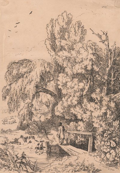 Paesaggio con alberi, ragazza che attraversa un ponte pedonale da William Havell