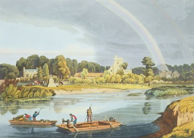 Chiesa di Staines con pietra della città sulle rive del fiume, inciso da Robert Havell il Giovane, pubblicato nel 1818 da William Havell