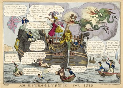 Un geroglifico per il 1830, pub. 1830 (incisione colorata a mano) da William Heath