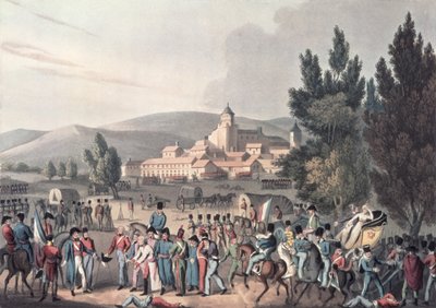 Battaglia di Vittoria, 1813, portando i prigionieri, inciso da I. Clarke, acquaforte di M. DuBourg da William Heath