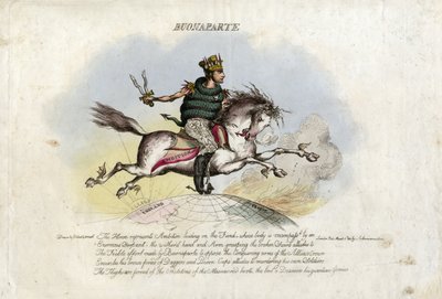 Napoleone galoppa su Ambizione, un cavallo con ali ai piedi sopra il globo da William Heath