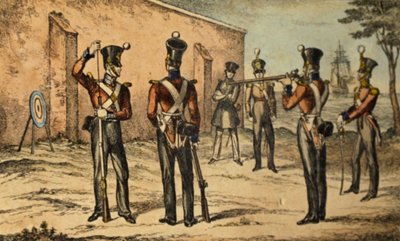 Costume Attuale dei Marines alla Pratica del Bersaglio Rotondo, c.1835 da William Heath