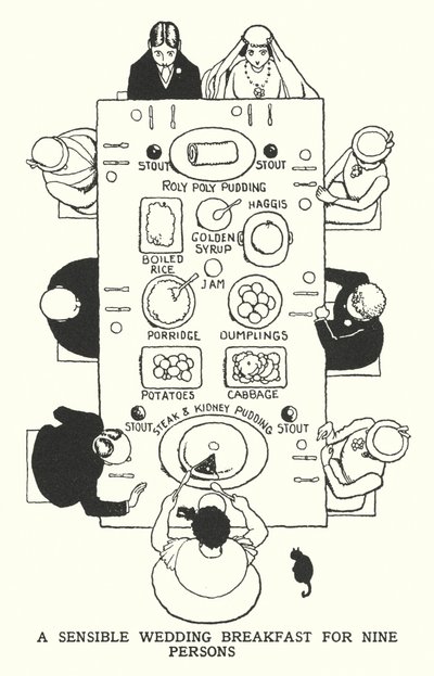 Una colazione di nozze sensata per nove persone (litografia) da William Heath Robinson