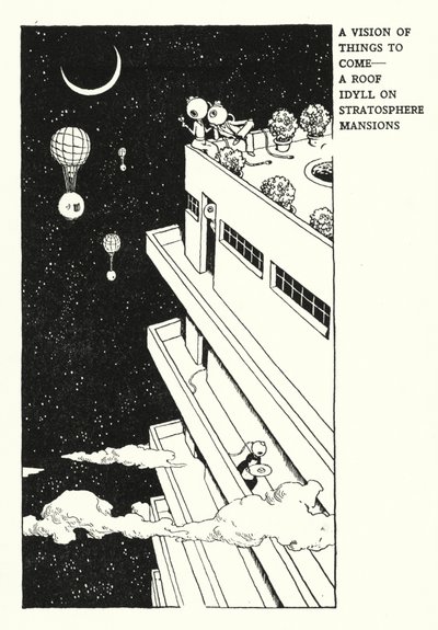 Una visione delle cose a venire, un idillio sul tetto di Stratosphere Mansions da William Heath Robinson
