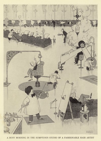 Una mattina intensa nello studio sontuoso di un artista di moda per capelli da William Heath Robinson