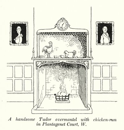 Un bel soprammobile Tudor con pollaio a Plantagenet Court, W da William Heath Robinson