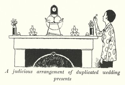 Una disposizione giudiziosa dei regali di nozze duplicati (litografia) da William Heath Robinson