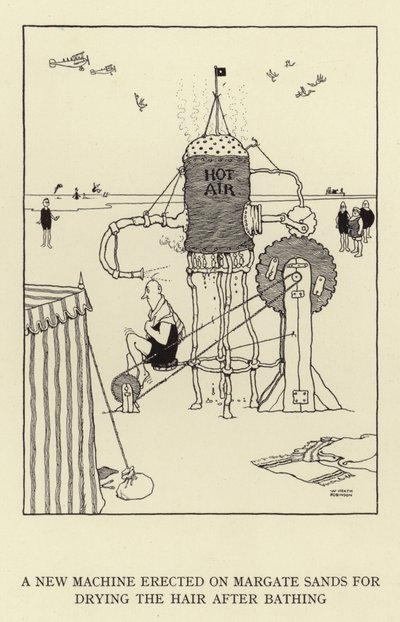 Una nuova macchina eretta sulle sabbie di Margate per asciugare i capelli dopo il bagno da William Heath Robinson