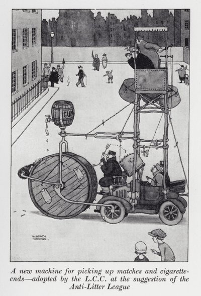 Una nuova macchina per raccogliere fiammiferi e mozziconi di sigaretta adottata dal LCC su suggerimento della Anti-Litter League da William Heath Robinson