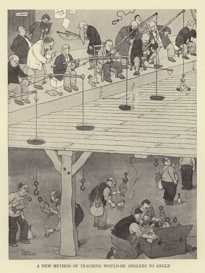 Un nuovo metodo per insegnare ai futuri pescatori a pescare da William Heath Robinson