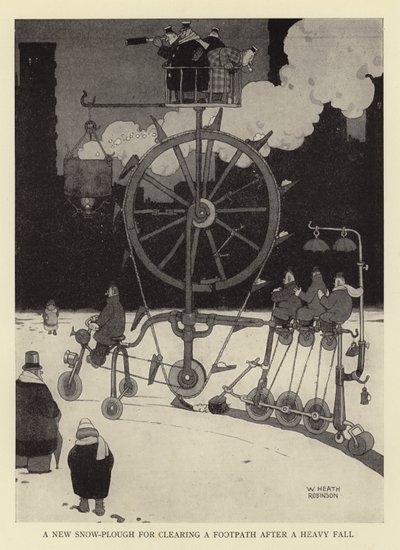 Un nuovo spazzaneve per liberare un marciapiede dopo una forte nevicata da William Heath Robinson