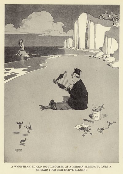 Un vecchio dal cuore caldo travestito da tritone che cerca di attirare una sirena dal suo elemento nativo da William Heath Robinson