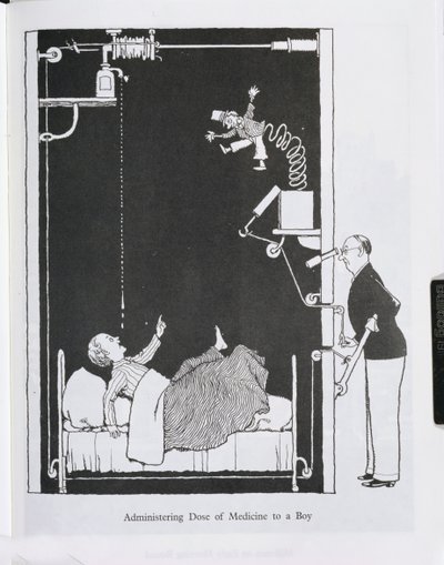 Somministrazione di una dose di medicina a un ragazzo, illustrazione da 