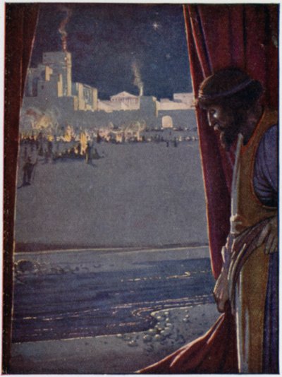 Agamennone udì il suono del flauto e della risata degli uomini mentre i Troiani festeggiavano e si divertivano da William Heath Robinson