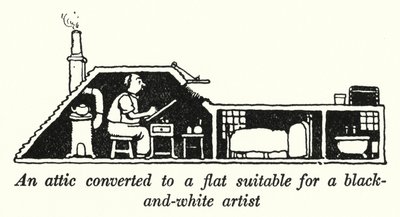 Una soffitta convertita in un appartamento adatto a un artista in bianco e nero da William Heath Robinson