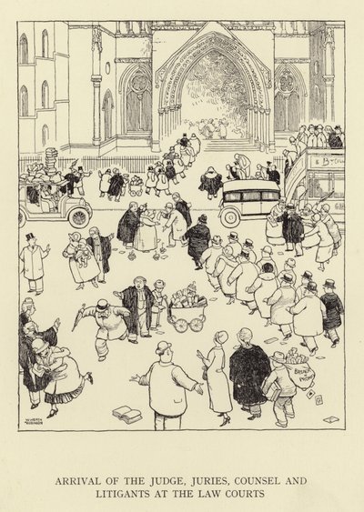 Arrivo del giudice, delle giurie, degli avvocati e dei litiganti ai tribunali da William Heath Robinson