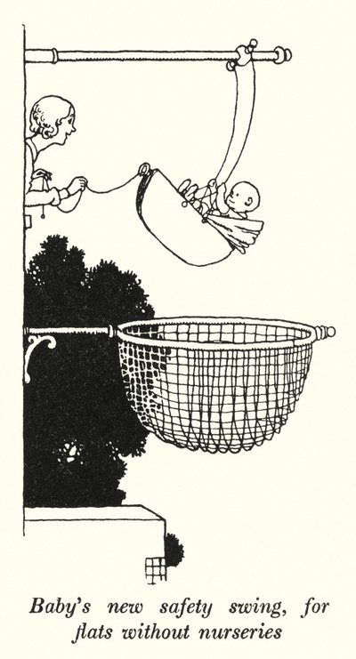 La nuova altalena di sicurezza del bambino, per appartamenti senza nursery da William Heath Robinson