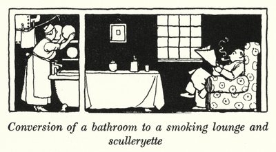 Conversione di un bagno in un salotto per fumatori e sculleryette da William Heath Robinson