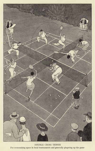 Doppio tennis, per risparmiare spazio nei tornei locali e generalmente ravvivare il gioco da William Heath Robinson