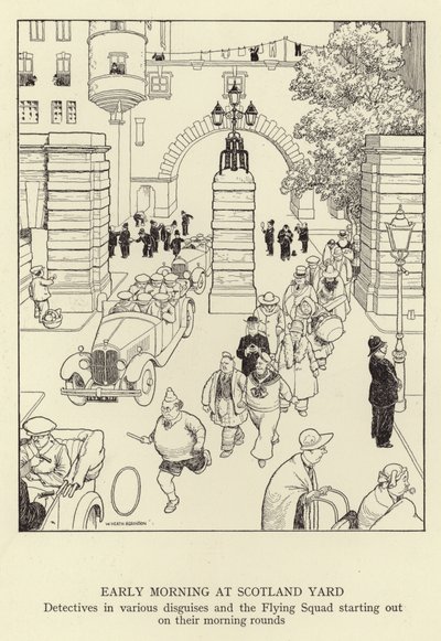 Prima mattina a Scotland Yard, detective in vari travestimenti e la Flying Squad che inizia i suoi giri mattutini da William Heath Robinson