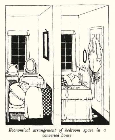 Disposizione economica dello spazio della camera da letto in una casa convertita da William Heath Robinson