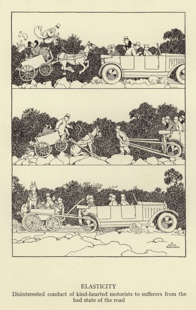 Elasticità, comportamento disinteressato di automobilisti di buon cuore verso i sofferenti per il cattivo stato della strada da William Heath Robinson
