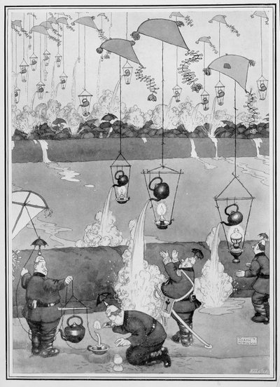 Attacco del bollitore volante, da Alcune terribili immagini di guerra da William Heath Robinson