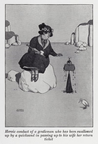 Condotta eroica di un gentiluomo inghiottito da una sabbia mobile mentre passa il biglietto di ritorno a sua moglie da William Heath Robinson