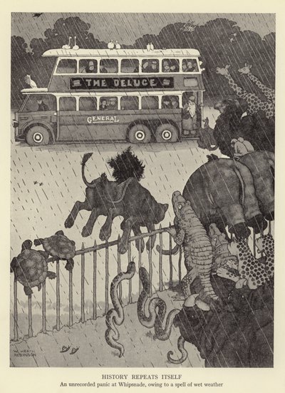 La storia si ripete, un panico non registrato a Whipsnade, a causa di un periodo di maltempo da William Heath Robinson