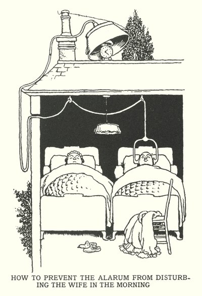 Come evitare che la sveglia disturbi la moglie al mattino (litografia) da William Heath Robinson