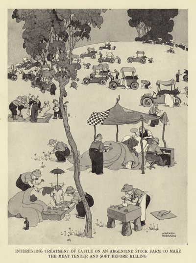 Trattamento interessante del bestiame in una fattoria argentina per rendere la carne tenera e morbida prima della macellazione da William Heath Robinson
