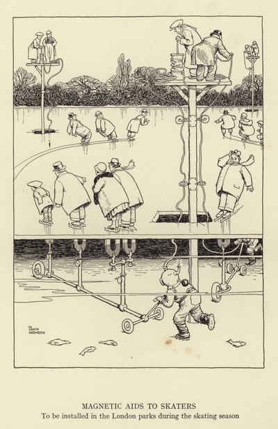 Aiuti magnetici per pattinatori, da installare nei parchi di Londra durante la stagione del pattinaggio da William Heath Robinson