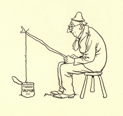 Uomo che pesca salmone in scatola da William Heath Robinson