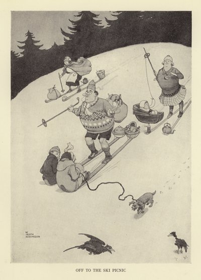 Partenza per il picnic sugli sci da William Heath Robinson