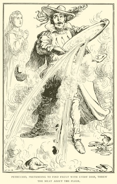 Petruchio, fingendo di trovare difetti in ogni piatto, gettò la carne sul pavimento da William Heath Robinson