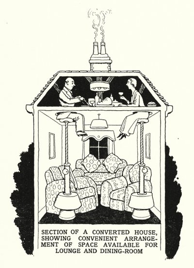 Sezione di una Casa Convertita, Mostrando la Disposizione Conveniente dello Spazio Disponibile per Salotto e Sala da Pranzo da William Heath Robinson