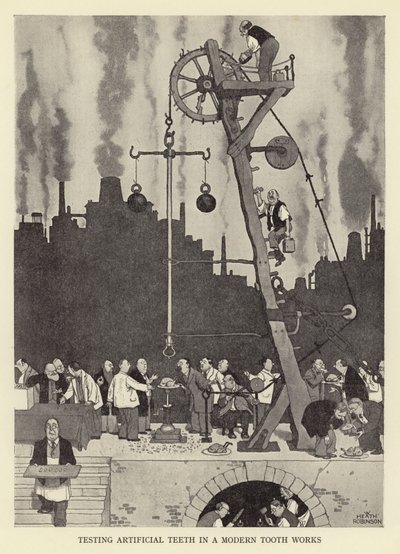 Test di denti artificiali in una moderna fabbrica di denti da William Heath Robinson