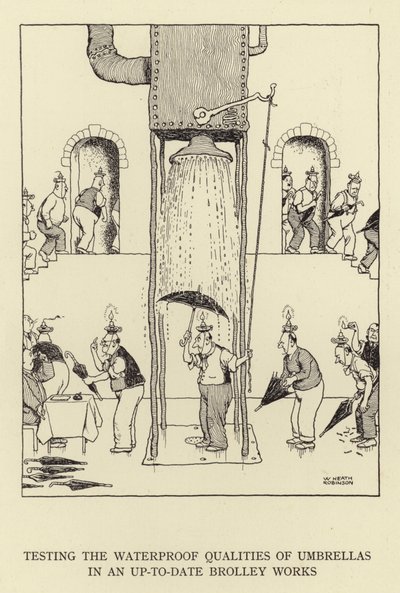 Test delle qualità impermeabili degli ombrelli in una fabbrica moderna da William Heath Robinson