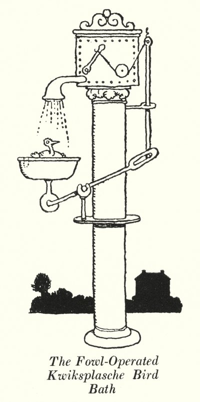Il bagno per uccelli Kwiksplasche azionato da pollame da William Heath Robinson