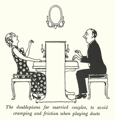 Il doppio pianoforte per coppie sposate, per evitare crampi e attriti durante i duetti (litografia) da William Heath Robinson