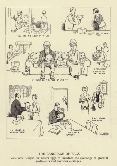 Il linguaggio delle uova, alcuni nuovi disegni per uova di Pasqua per facilitare lo scambio di sentimenti graziosi e messaggi amorosi da William Heath Robinson